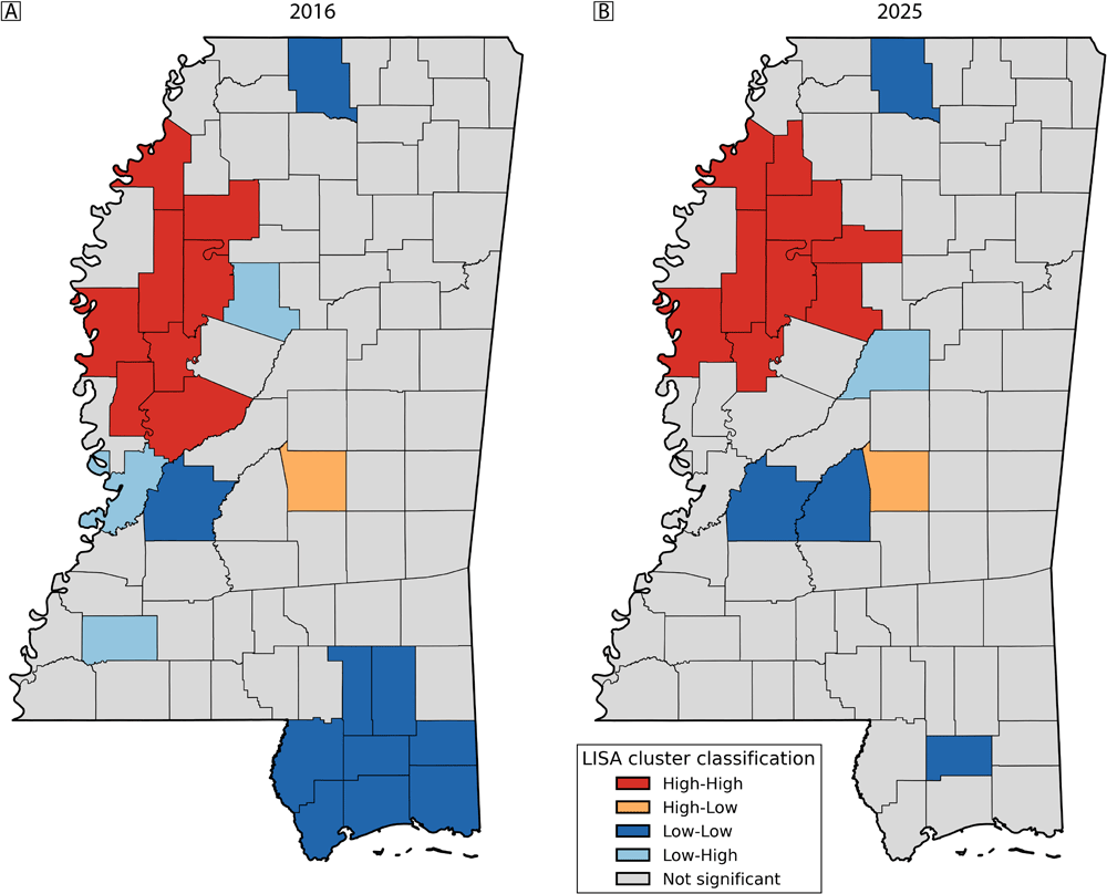 Longitudinal Spatial Analysis of Health-Related Quality of Life in Mississippi: Clustering, Trends, and Socioeconomic Drivers