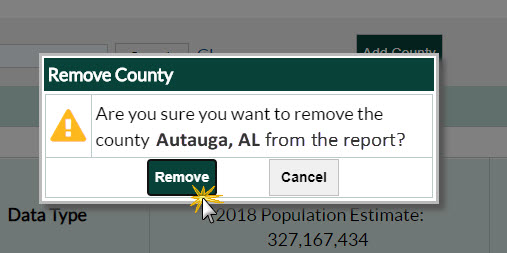 Click Remove when the Remove County dialogue box appears Shown: Confirm removal of county by clicking "Remove" button when dialogue box appears.