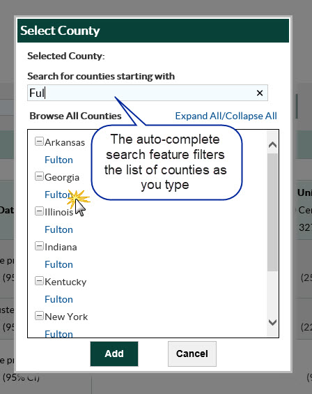 Auto complete search feature filters counties as you type The auto-complete search feature will filter counties as you type.