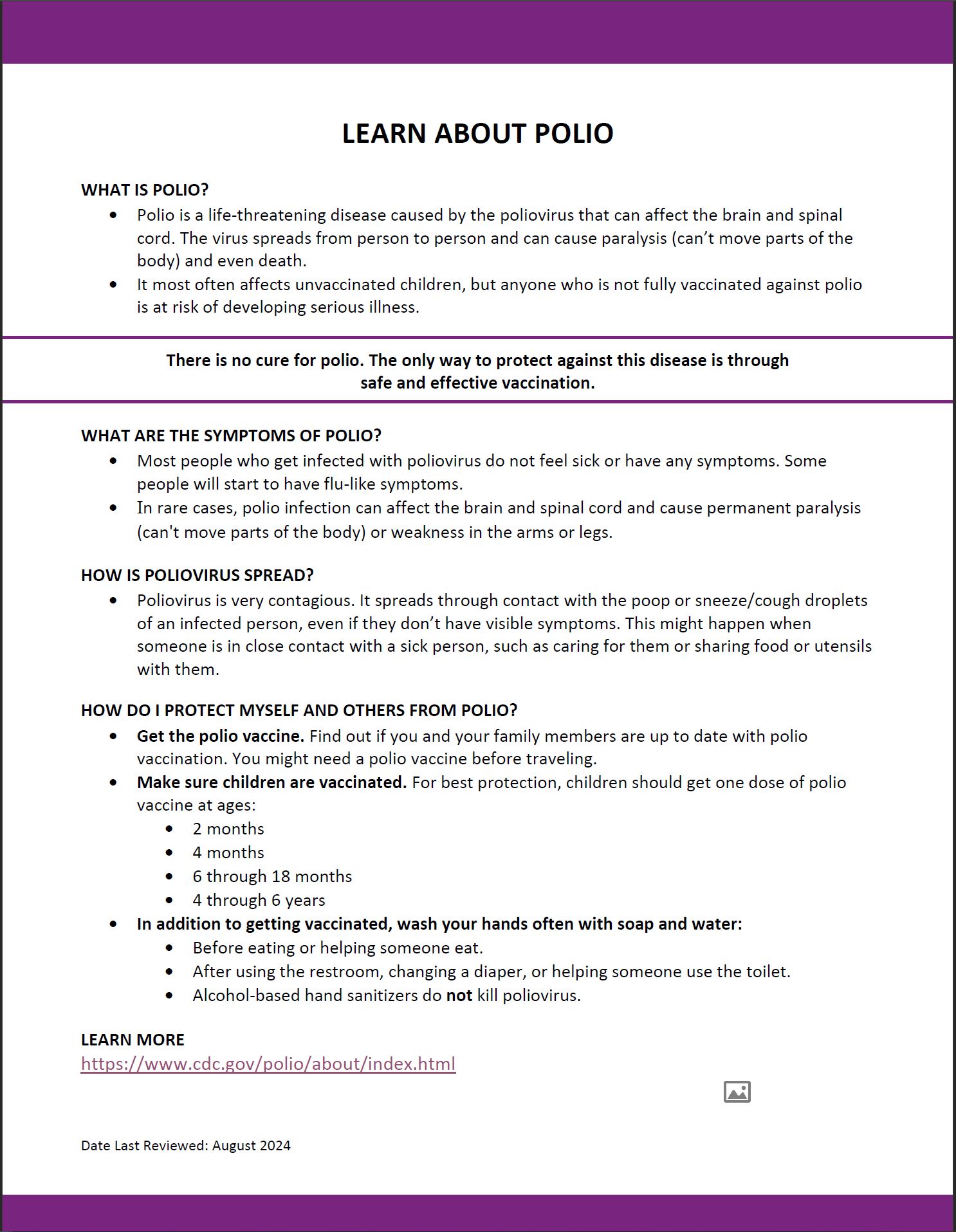 Thumbnail of polio prevention fact sheet.
