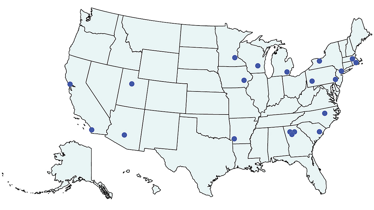 PRCs US Markers Map Map showing locations of the 20 currently funded PRCs.