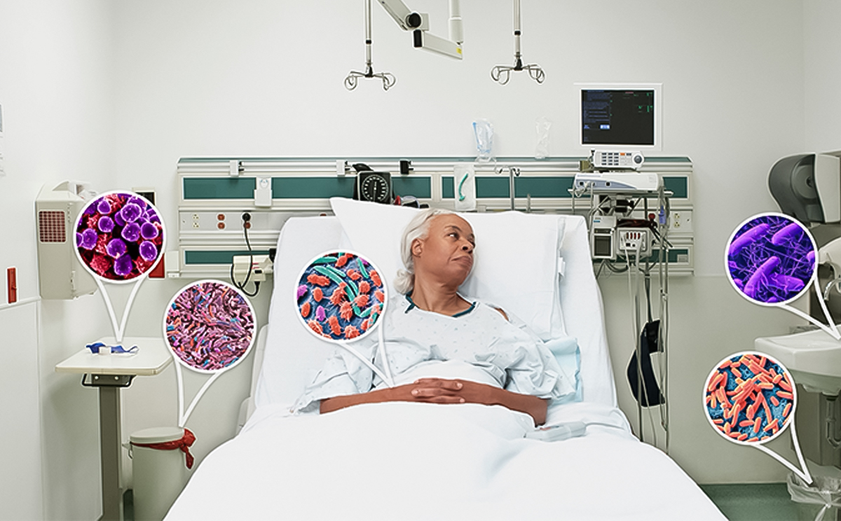 patient in hospital bed surrounded by magnified germs on various surfaces