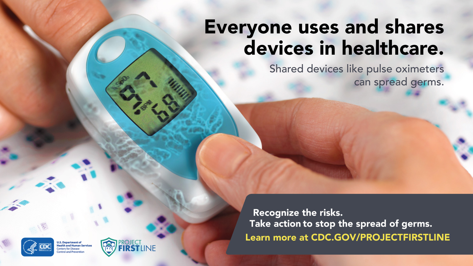 Image of a hand using a pulse oximeter with germs on it