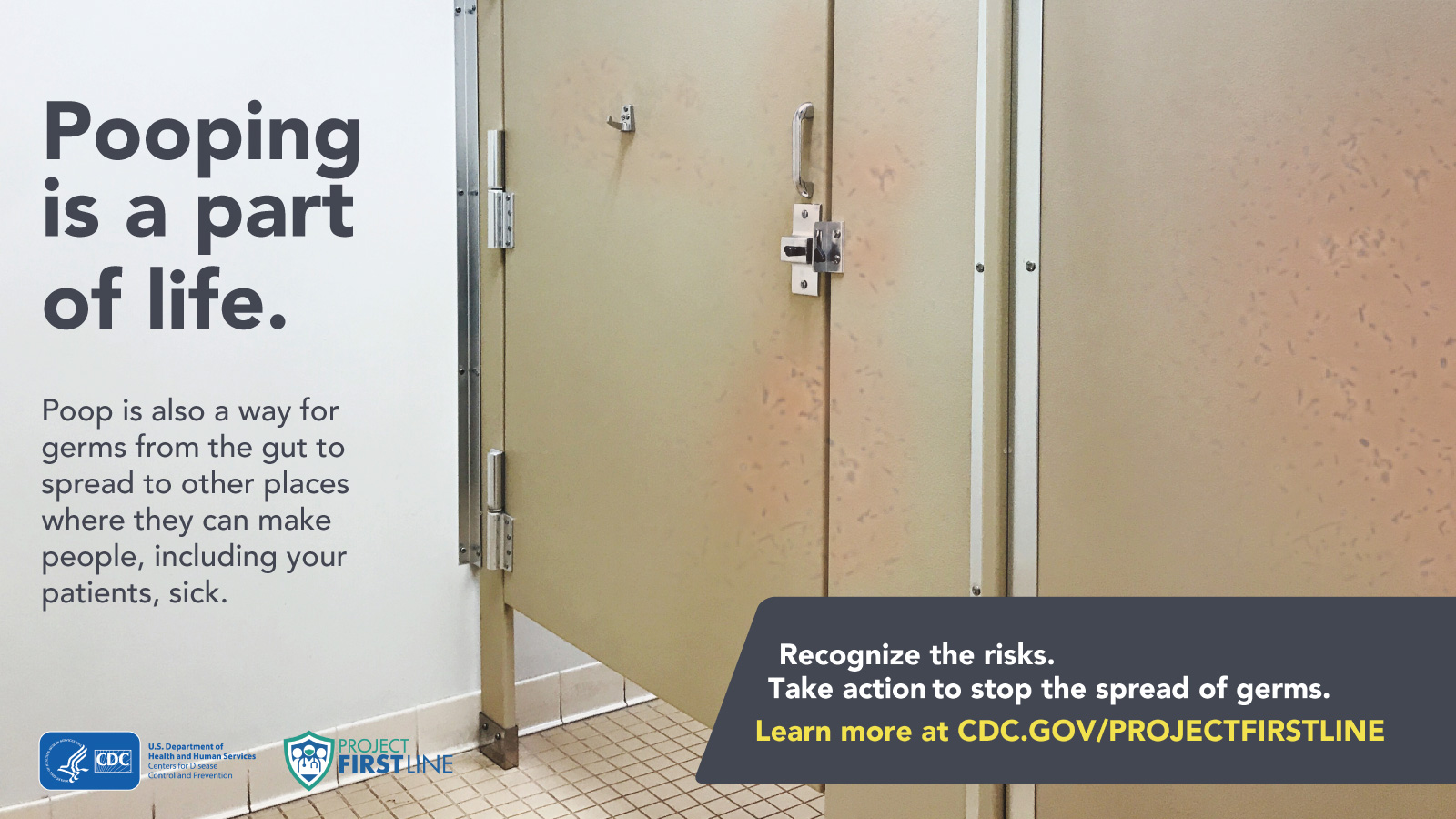 Image of the outside of a bathroom stall with germs on the door and handle