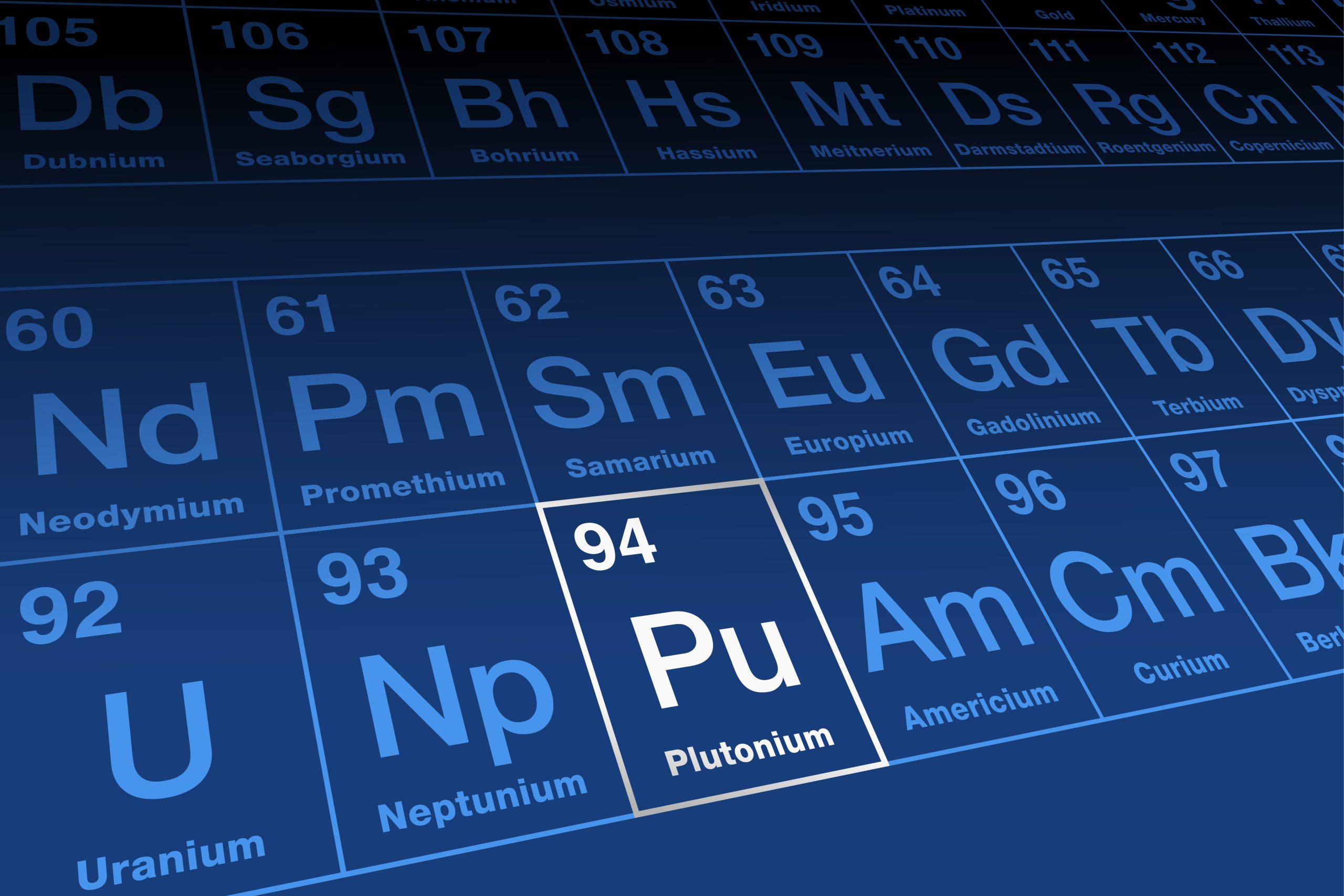 Periodic Table Plutonium image 329 KB Close-up shot of the periodic table with the element Plutonium highlighted in a white box