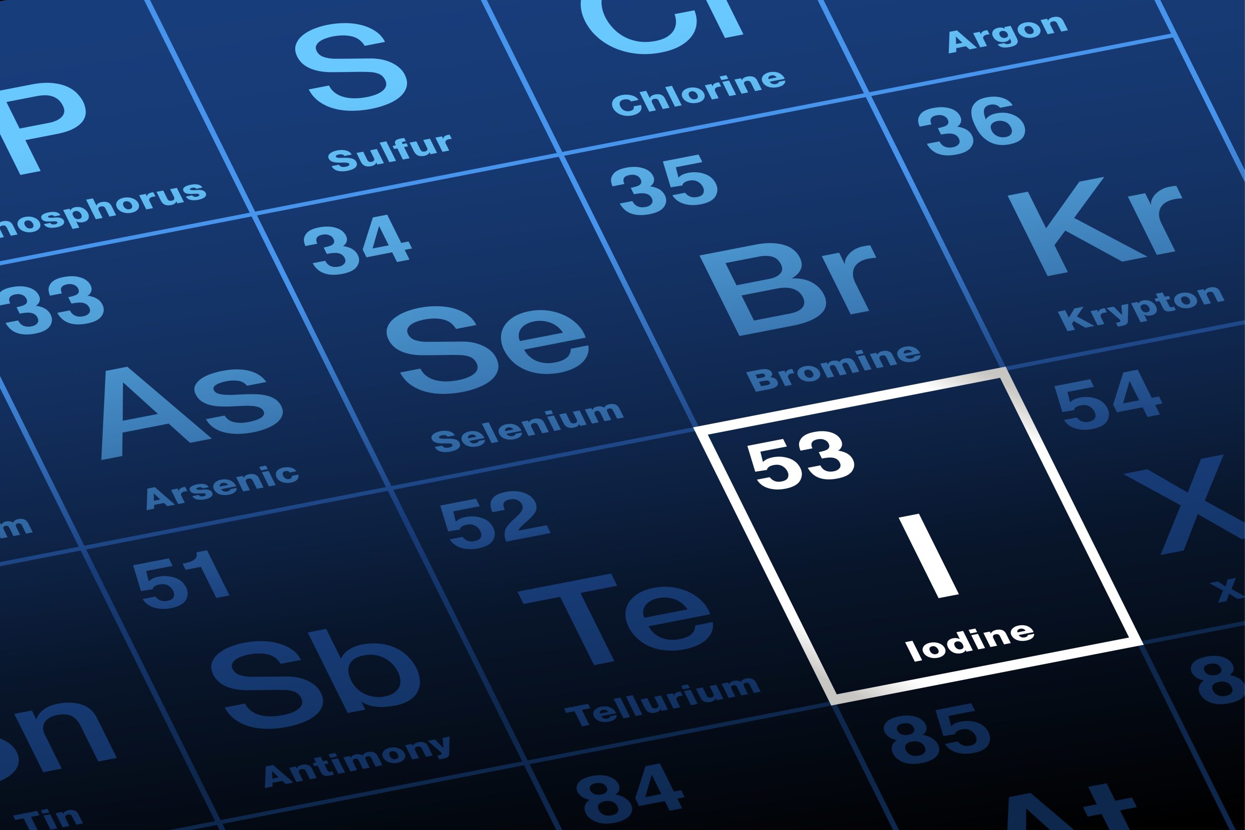 Periodic Table Iodine image 266 KB Close-up shot of the periodic table with the element Iodine highlighted in a white box