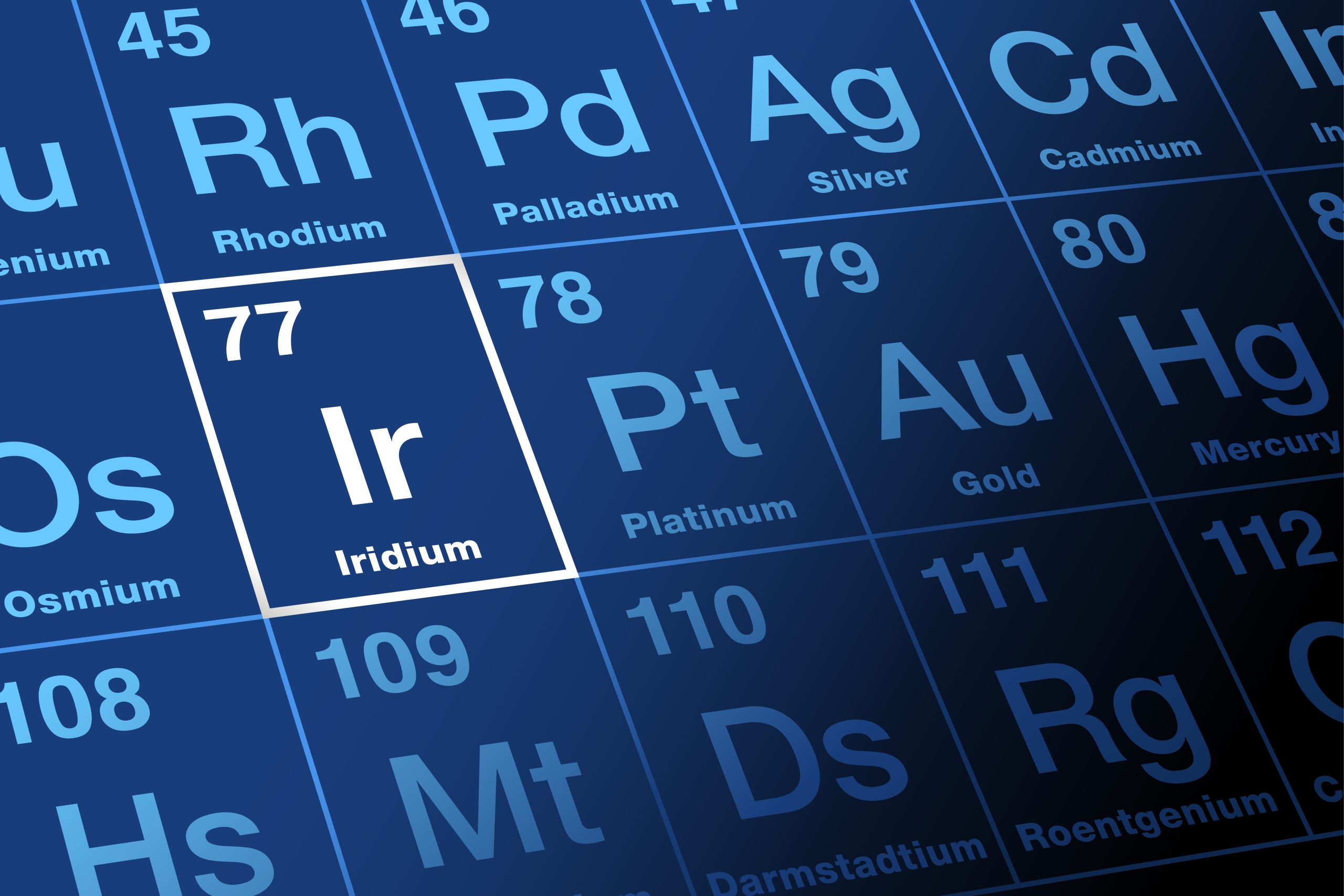 Periodic Table Iridium image 293 KB Close-up shot of the periodic table with the element Iridium highlighted in a white box