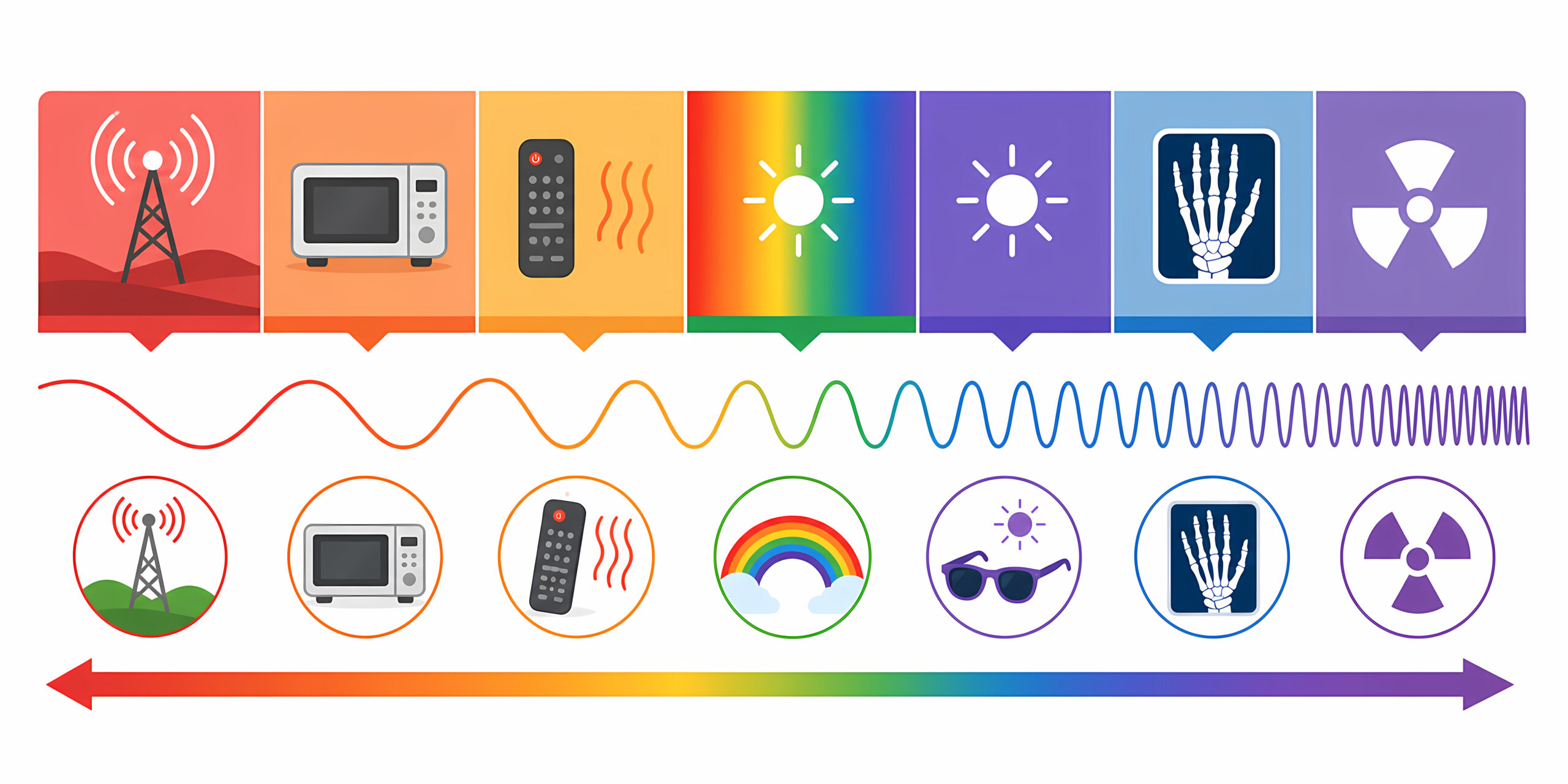 Electromagnetic spectrum. Different types of electromagnetic radiation, includes radio waves, microwaves, infrared, visible light, ultraviolet, X-rays, and gamma rays. frequency, and wavelengths.