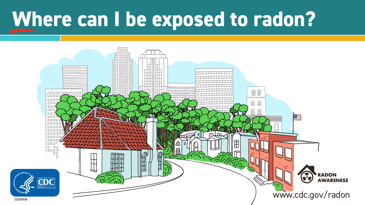 Title reads "Where can I be exposed to radon?" and beneath is a cartoon graphic of a curved road with homes, trees, and in the background a cityscape and blue sky. At the lower left is the CDC logo and lower right is the Radon Awareness logo and website www.cdc.gov/radon