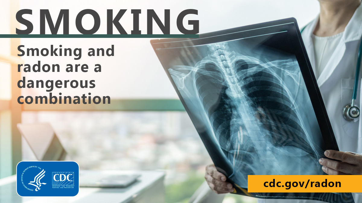 Background of a doctor looking at an x-ray of lungs with the text "Smoking: Smoking and radon are a dangerous combination" at the bottom left corner is the CDC logo and at the bottom right is the text "cdc.gov/radon"