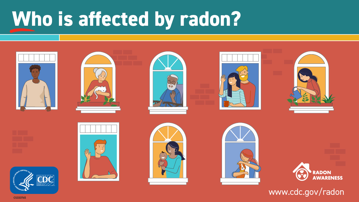 Illustration of brick background and 9 windows with people of different races, ages, and gender. Text reads, "Who is affected by radon?"