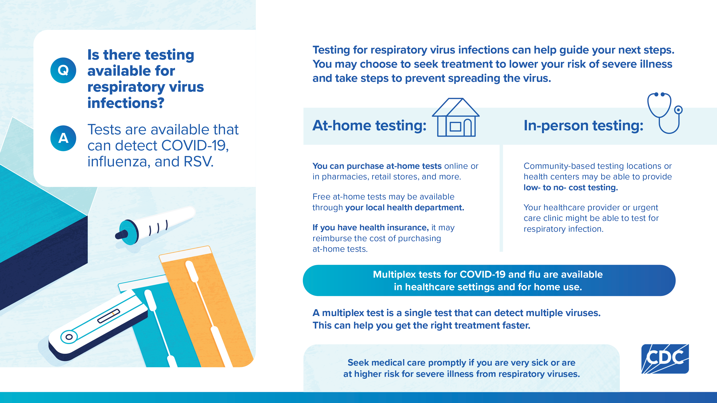 Graphic that talks about testing if you're sick from flu or COVID-19, highlighting at-home and in-person options
