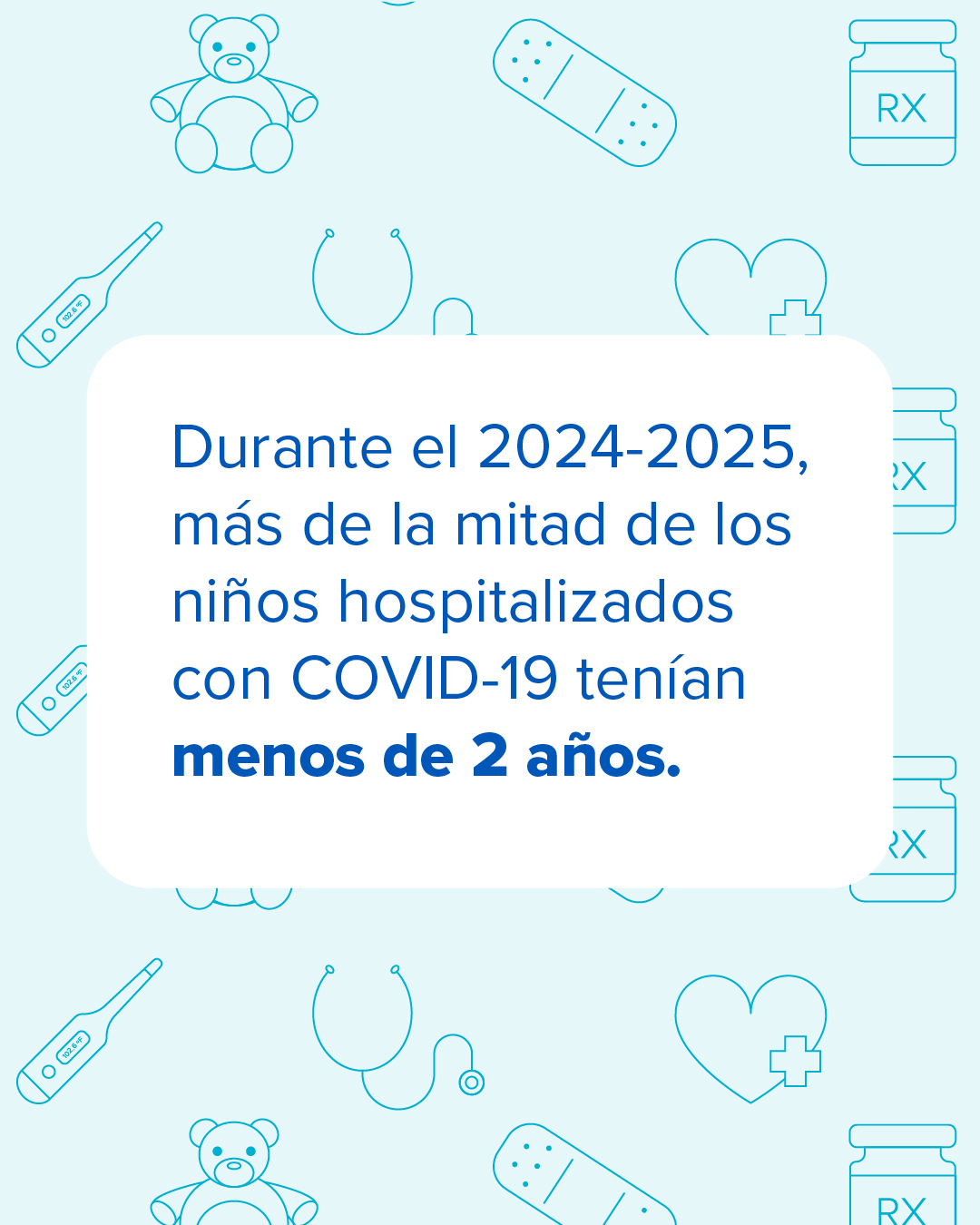 Gráfica para redes sociales que indica que en el 2024-2025, más de la mitad de los niños hospitalizados con COVID-19 tenían menos de 2 años.