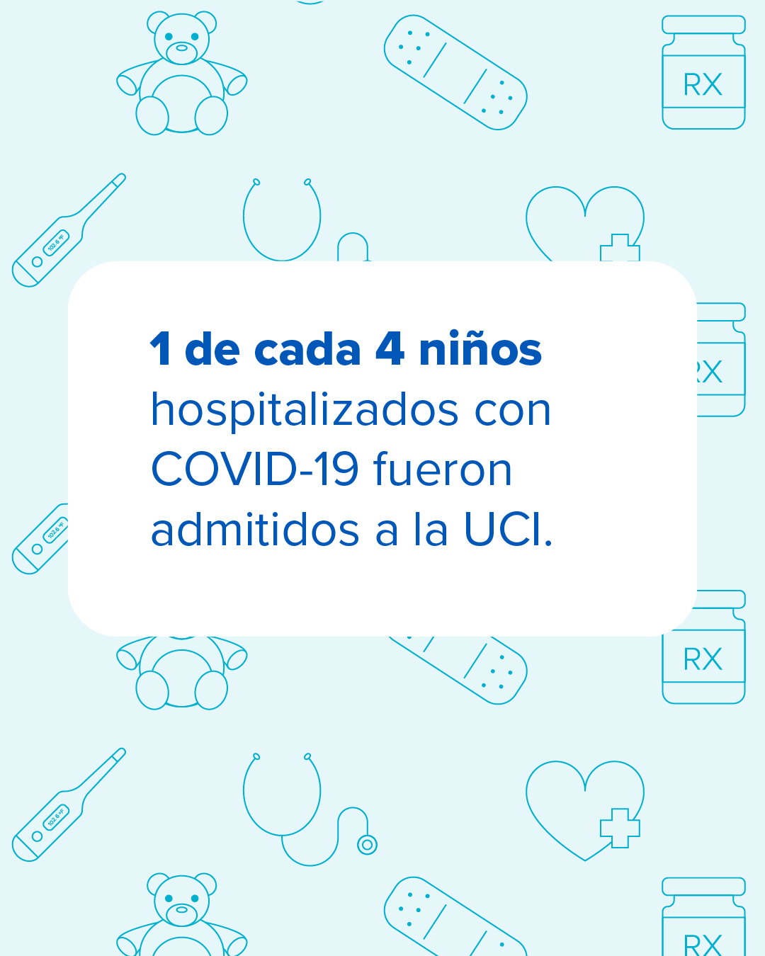 Gráfica para redes sociales con el texto: 1 de cada 4 niños hospitalizados con COVID-19 fueron admitidos a la UCI.