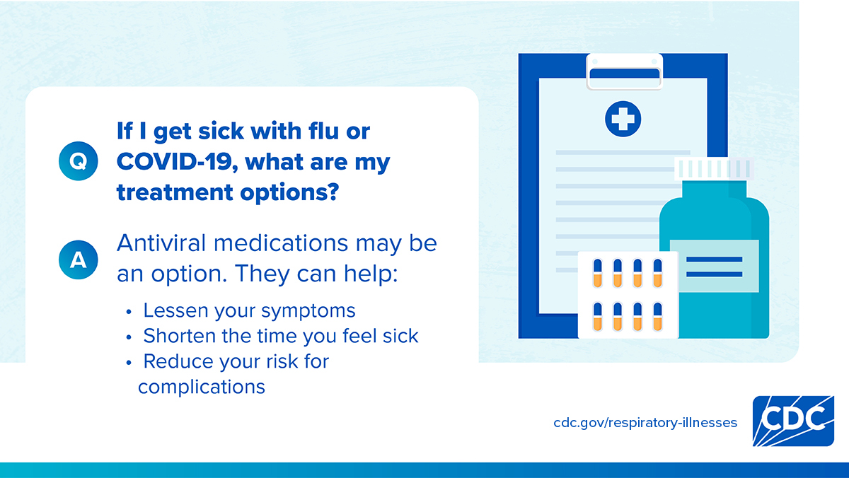 Social media graphic sharing benefits of treatment if you're sick from respiratory viruses, like flu and COVID-19