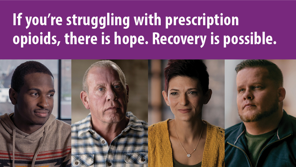 RxAwareness-RealStories Photo collage of Tele, David, Tessa, and Britton with text "If you're struggling with prescription opioids, there is hope. Recovery is possible."