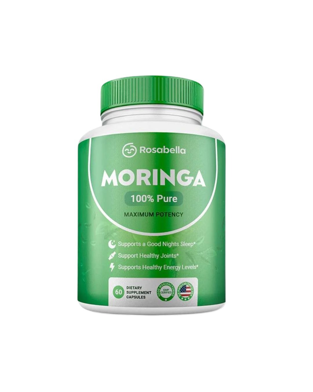 White plastic bottle that is labeled with Moringa