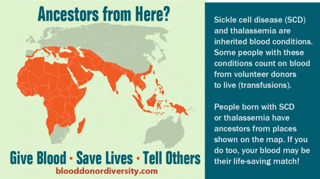 Ancestors From Here? Thalassemia Map Ancestors from here? Map of the following shaded regions: Africa, Europe, and Southeast Asia. Give blood Save lives Tell others blooddonordiversity.com Sickle cell disease (SCD) and thalassemia are inhertited blood conditions. Some people with these conditions count on blood from volunteer donors to live (transfusions). People born with SCD or thalassemia have ancestors from places shown on the map. If you do too, your blood may be their life-saving match! The map highlights areas in southern Europe, Africa, and Southeast Asia.