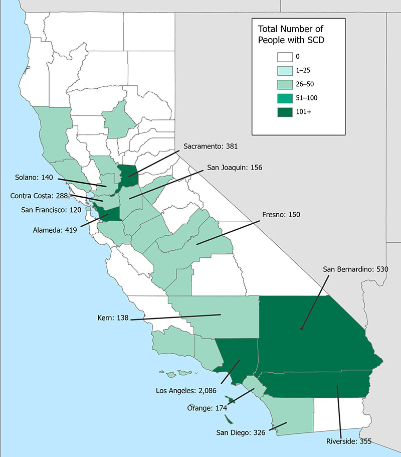 Map 1: Number of people with SCD by county of residence, California SCDC Data, 2018 Map 1: Number of people with SCD by county of residence, California SCDC Data, 2018