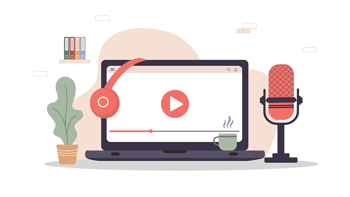 Illustration showing a laptop computer and microphone on a desk Illustration showing a laptop computer and microphone on a desk