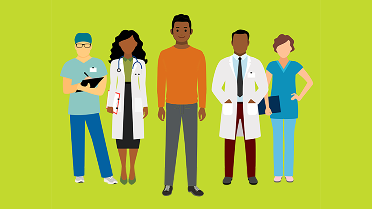 Illustration of a patient with his whole care team.