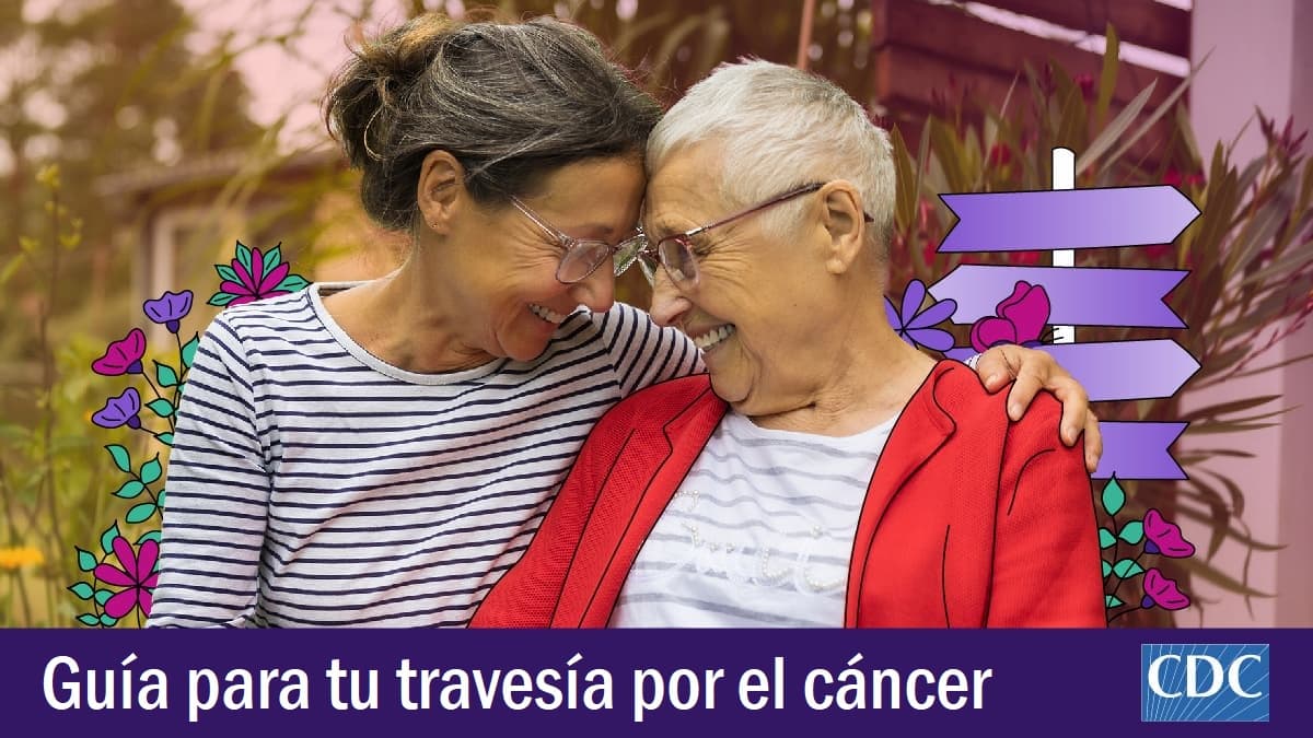 Dos mujeres sentadas al aire libre. El siguiente texto dice Guía para tu travesía por el cáncer
