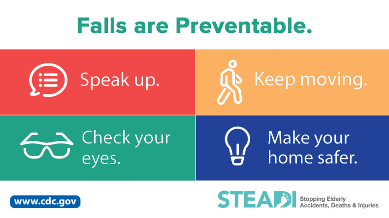 Falls are Preventable. Speak up. Keep moving. Check your eyes. Make your home safer.