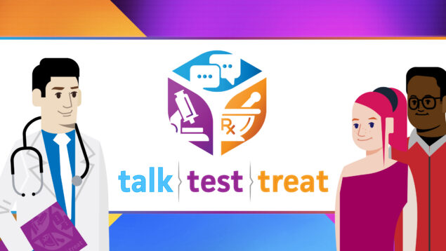 Talk. Test. Treat. Illustration of doctor with patients.