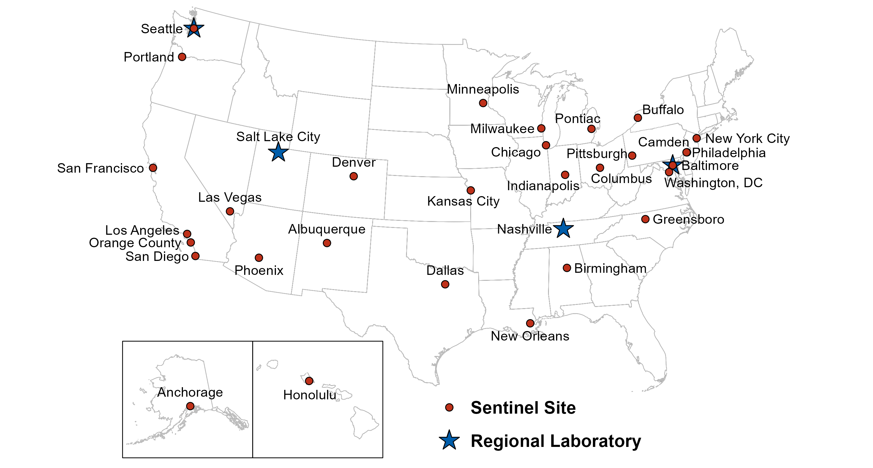 Map showing the 2023-2024 GISP Clinical Sites and Regional Laboratories