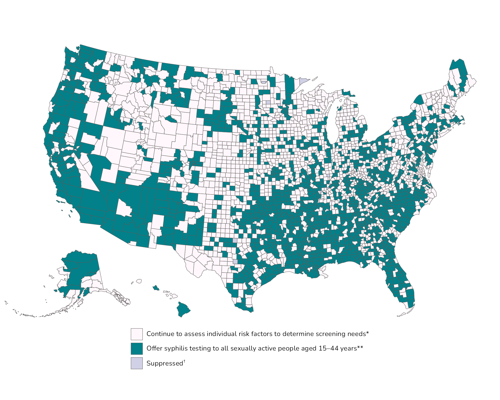 Map of US counties where syphilis testing should be offered to all sexually active persons aged 15-44 (see notes)