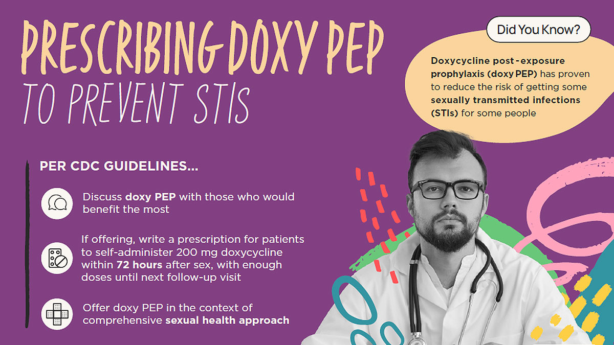 Text says, Prescribing doxy PEP to prevent STIs per CDC Guidelines: Discuss doxy PEP with those who would benefit the most, If offering, write a prescription for patients to self-administer 200 mg doxycycline within 72 hours after sex, with enough doses until next follow-up visit, offer doxy PEP in the context of comprehensive sexual health approach. A callout to the side says, Did you know? Doxycycline post-exposure prophylaxis (doxy PEP) has proven to reduce the risk of getting some sexually transmitted infections (STIs) for some gay, bisexual, and other men who have sex with men and transgender women. Image of a healthcare provider in a white coat and the CDC logo makes up the rest of the graphic.