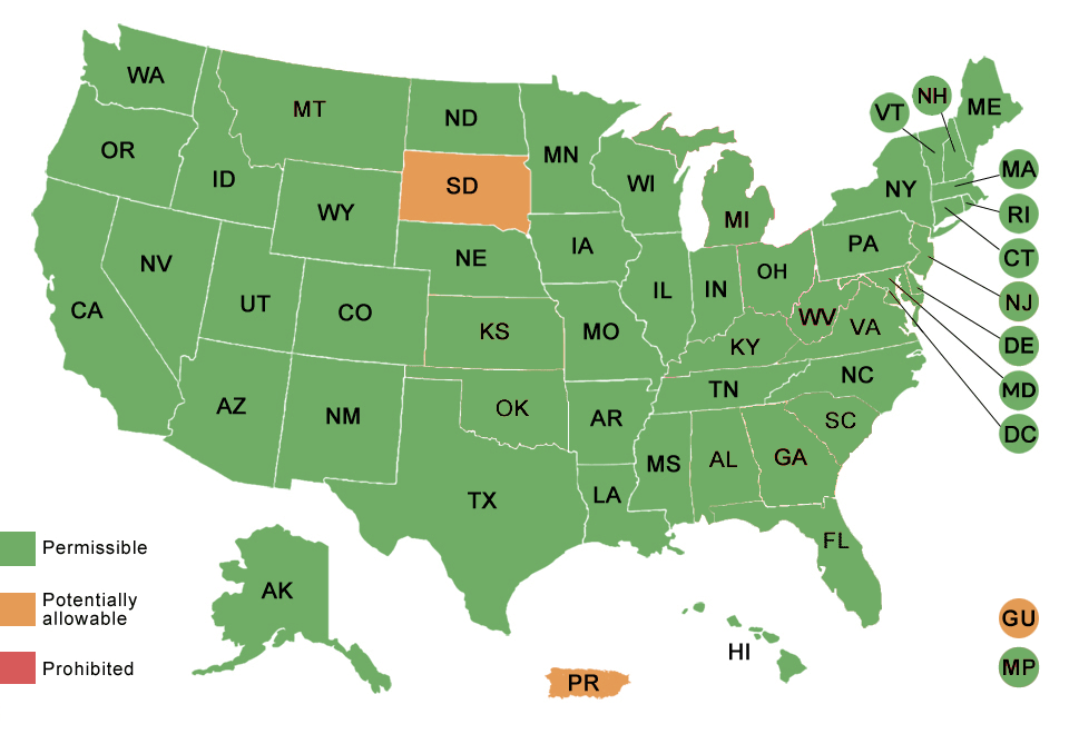 USA map showing the legal status of EPT. See https://www.cdc.gov/sti/php/ept-legal-status/