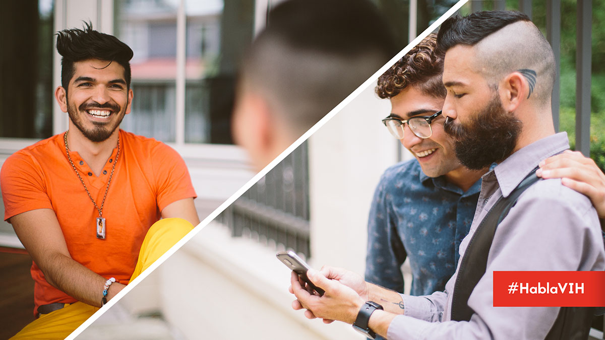 Ya sea en persona o por mensajes de texto, es importante hablar sobre la prevención del #VIH. Compartimos más ideas para iniciar la conversación aquí: https://bit.ly/34Zwwrz #HablaVIH - Two pictures in one the picture has a man in an orange shirt smiling next image has two men standing close together looking at a phone