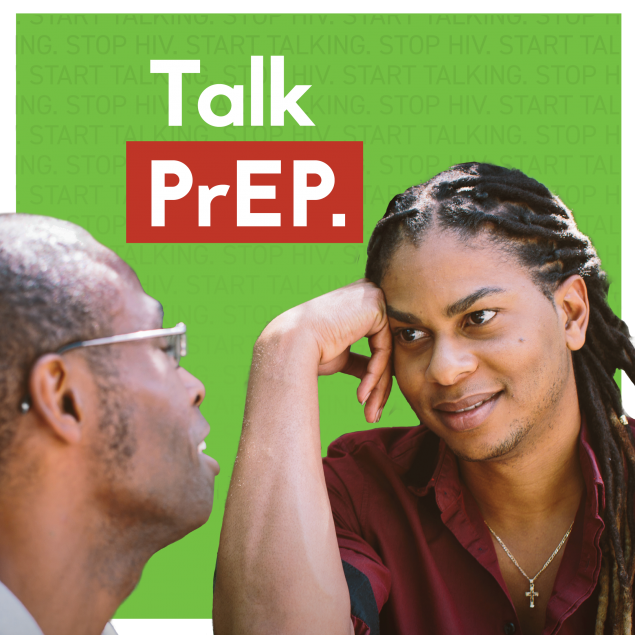 2022-LSHT-August_SM-AssetRefresh_TalkPrEP-STSH Man conversing with another man. Text: Talk PrEP.