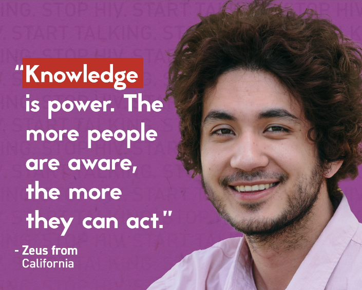 Man pictured smiling against a purple background.  Text: &ldquo;Knowledge is power. The more people are aware, the more they can act.&rdquo; -Zeus from California