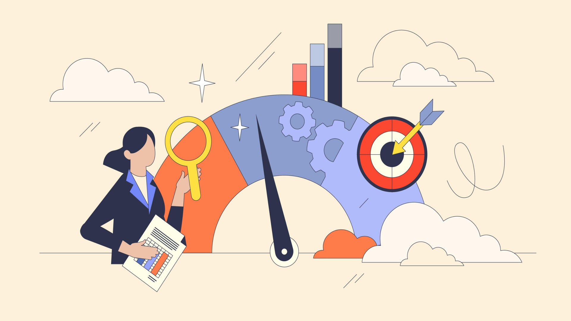 Key Performance Indicator concept with a businesswoman, gauge, and target