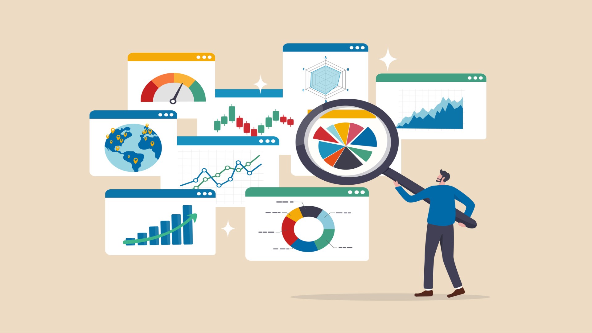 Businessman holding magnifying glass looking for documents