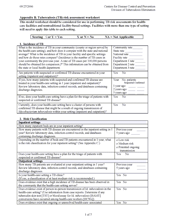 Tuberculosis Facility Risk Assessment Worksheet Tuberculosis Facility Risk Assessment Worksheet