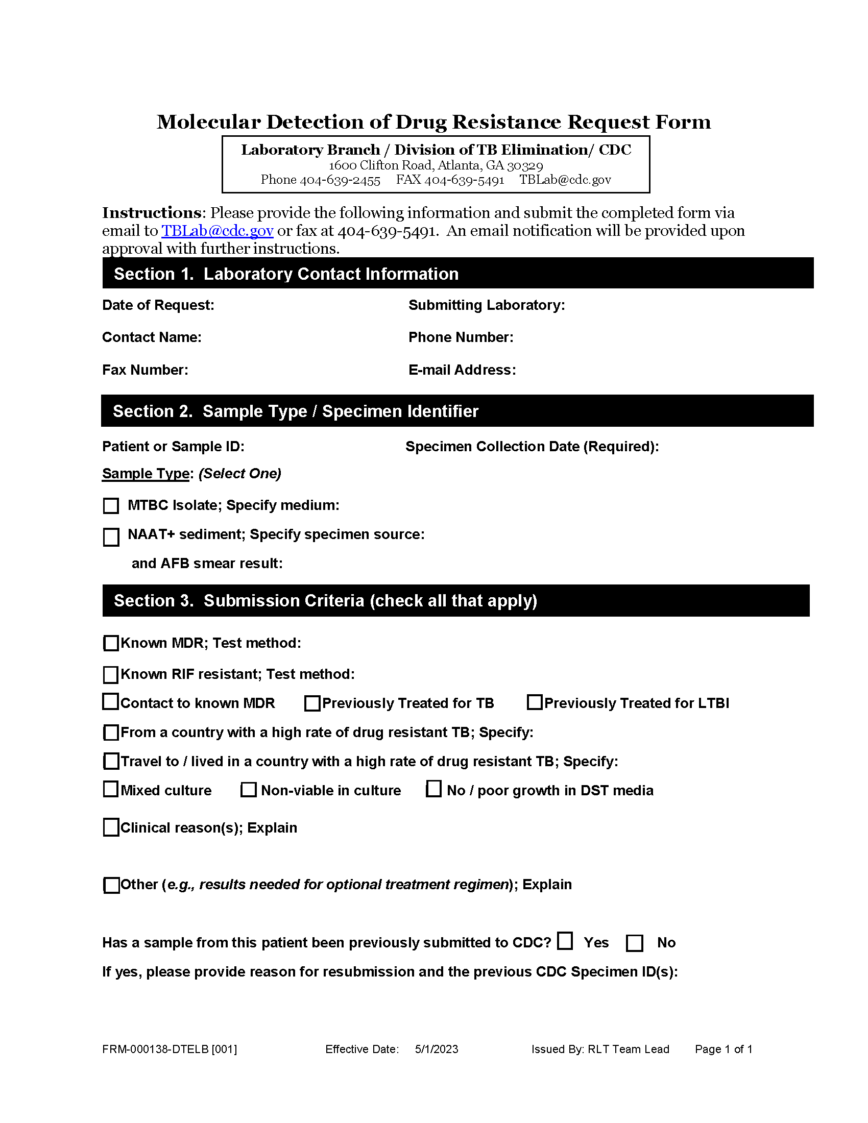 Molecular Detection of Drug Resistance Request Form