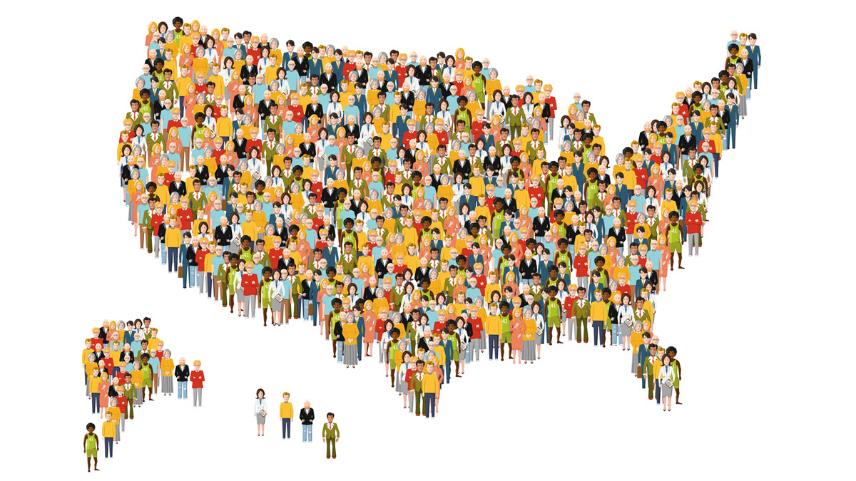 USA map with group of people USA map full of different people