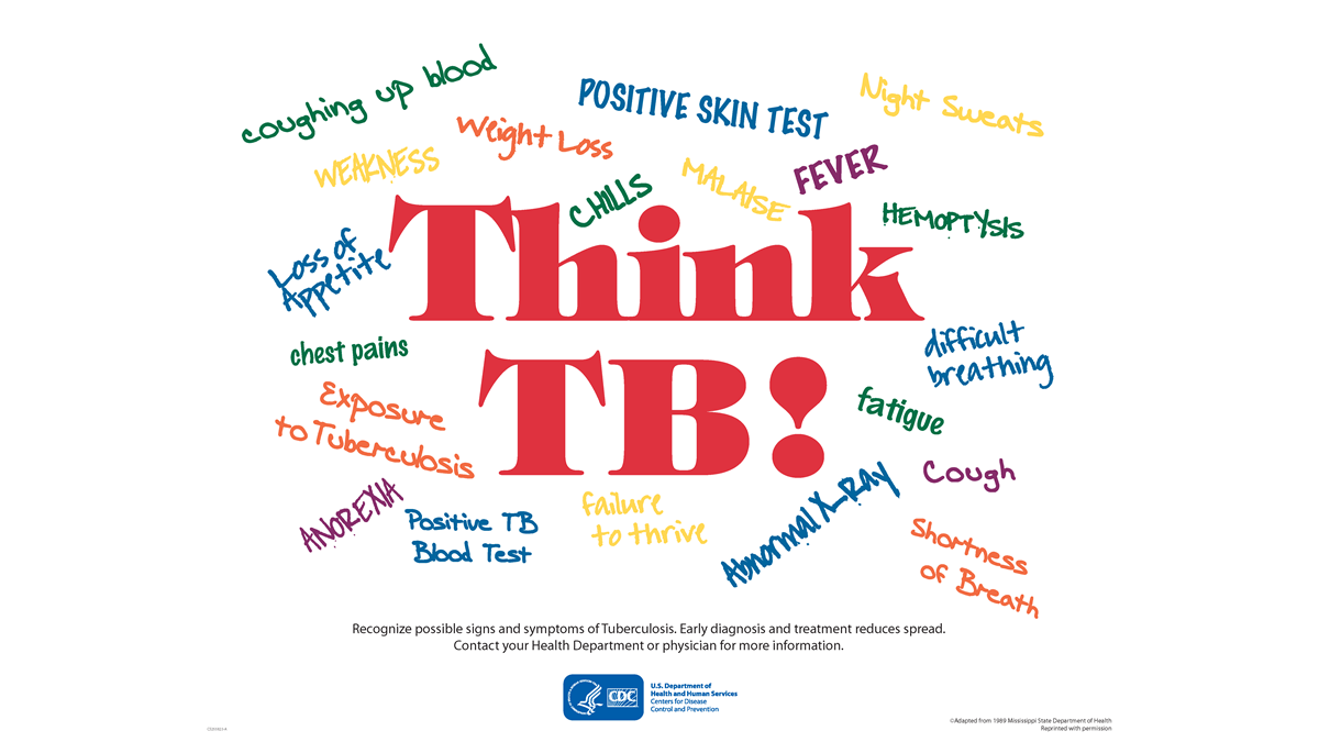 This poster has "Think TB" in red text, with symptoms of TB disease in other colors around it.