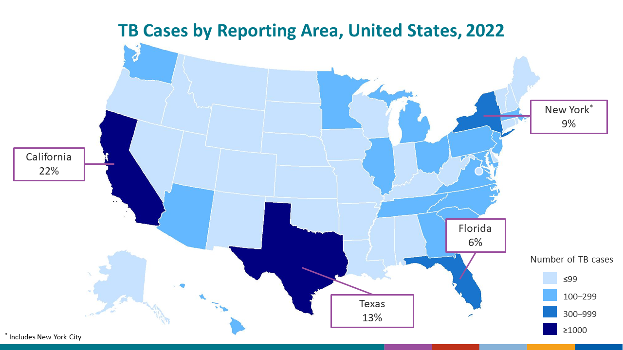 Majority of TB Cases Occur in Four States, United States, 2020