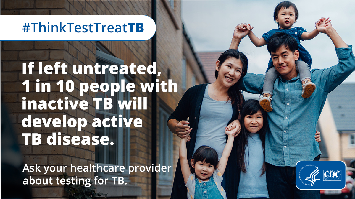 A family with three children are shown. The text says "If left untreated, 1 in 10 people with inactive TB infection will develop active TB disease.