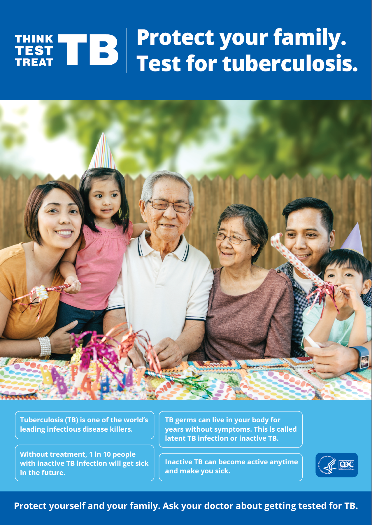 A multigenerational family gathers for a birthday party. The text reads "Protect your family. Test for tuberculosis."