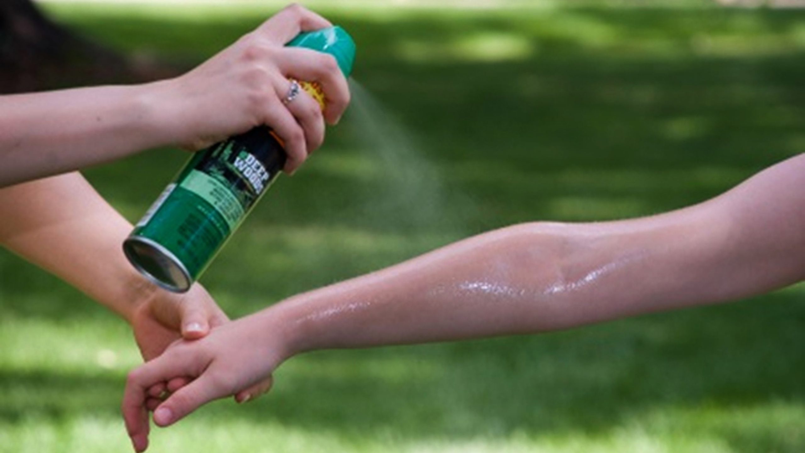 Person spraying insect repellent on another person's arm.