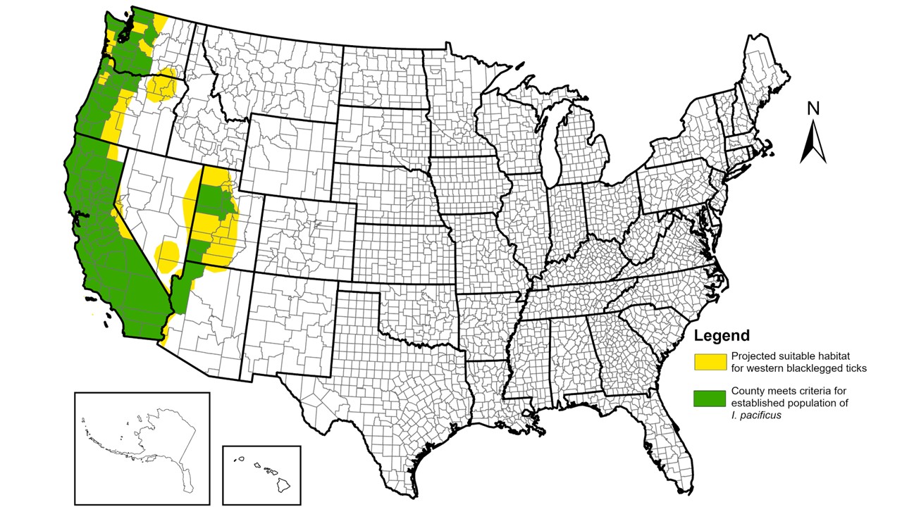 Map showing distribution of Ixodes pacificus ticks through December 2025