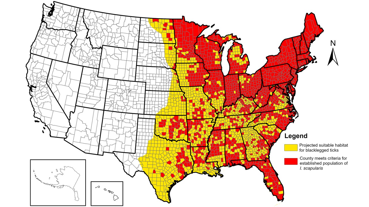 Map showing distribution of Ixodes scapularis ticks through December 2025