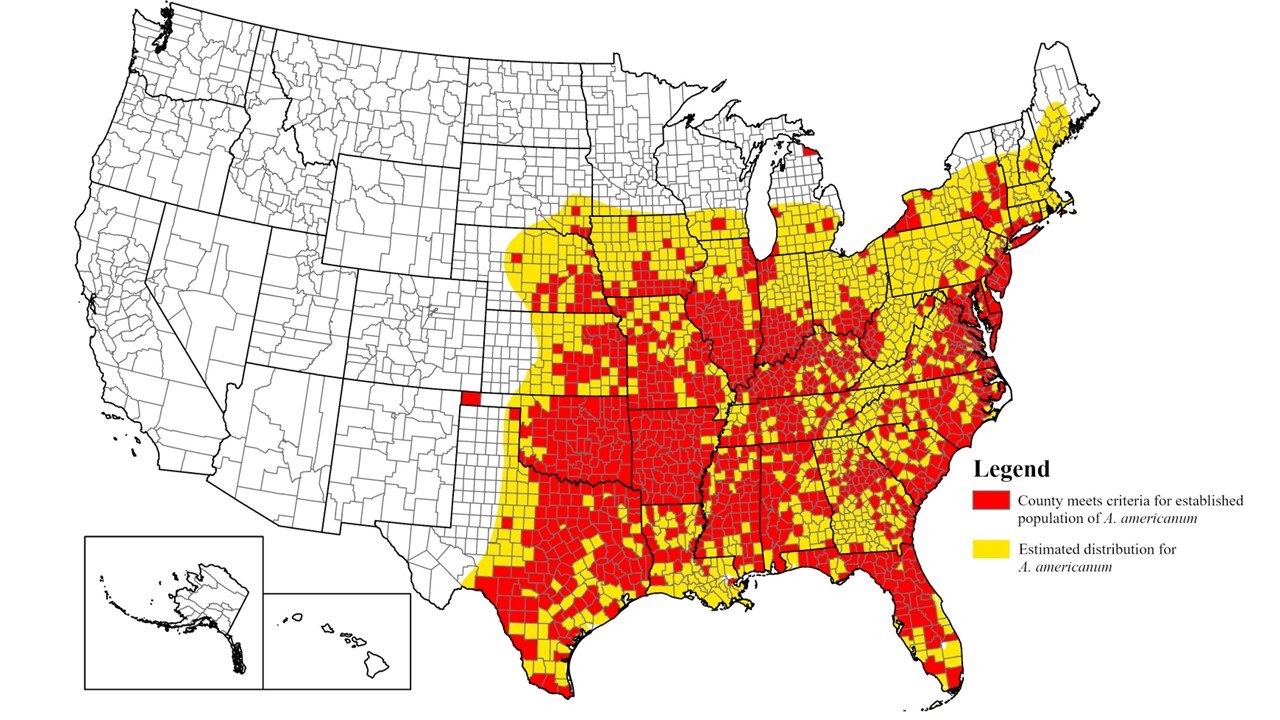 Image shows a map of the United States highlighting which counties have an established population of lone star ticks