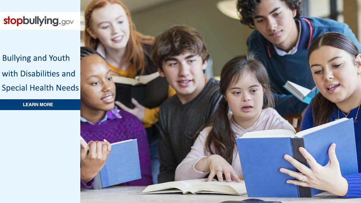 Bot&oacute;n del sitio web stopbullying.gov, junto a la imagen de un estudiante con s&iacute;ndrome de Down leyendo con otros estudiantes.