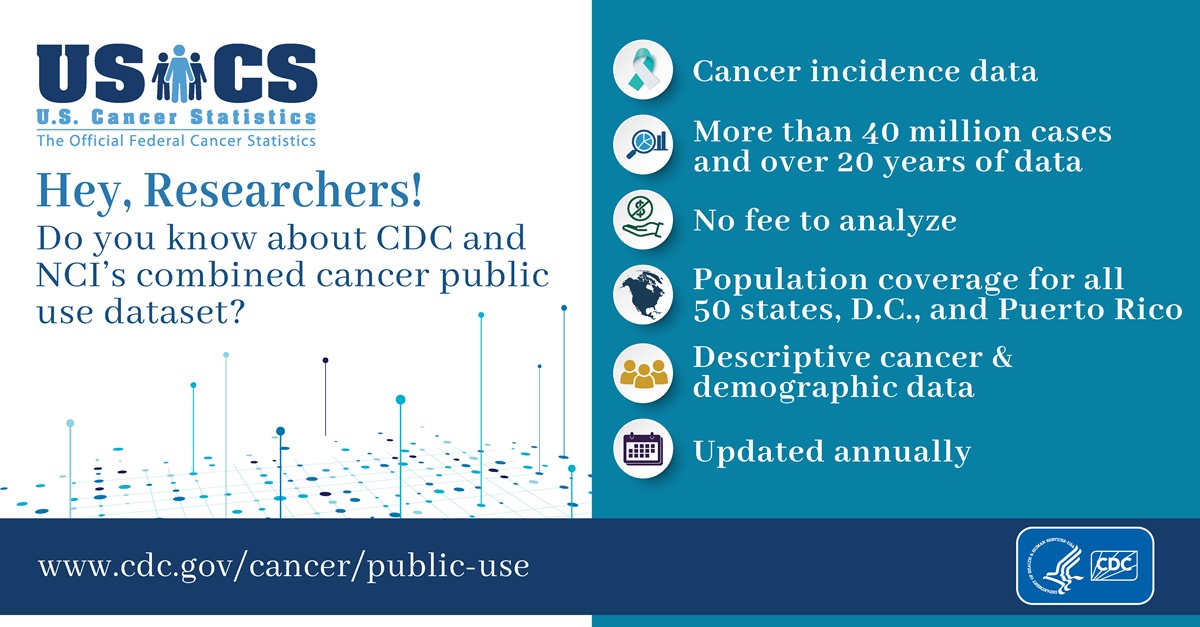 Hey researchers! Do you know about CDC and NCI's combined cancer public use dataset? Cancer incidence data. More than 40 million cases and over 20 years of data. No fee to analyze. Population coverage for all 50 states, D.C., and Puerto Rico. Descriptive cancer and demographic data. Updated annually. www.cdc.gov/cancer/public-use